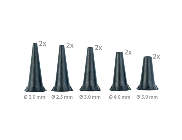 Ушные воронки многоразовые 2,0, 2,5, 3,0, 4,0 и 5,0 мм, 10 шт. в пластике, 2 шт. каждого размера