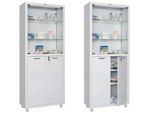 HILFE МД 2 1670/SG — медицинский шкаф, 1655/1755x700x320 мм, 4 дверцы, стекло, сталь, белый